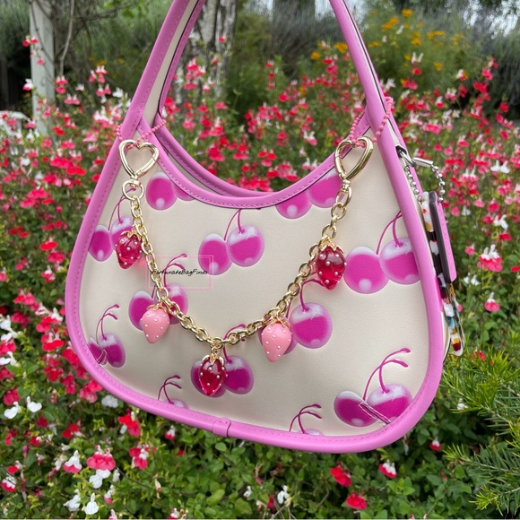 Heart Strawberry Bag Purse Charm Chain Swag Strap Hot Pink & Baby Pink Pearl - Picture 3 of 13